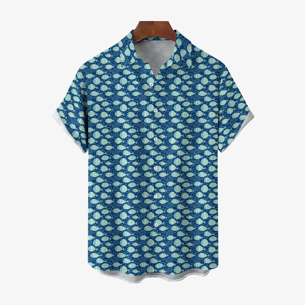 Men's Striped Fish Print Hawaiian Casual Short Sleeve Shirt
