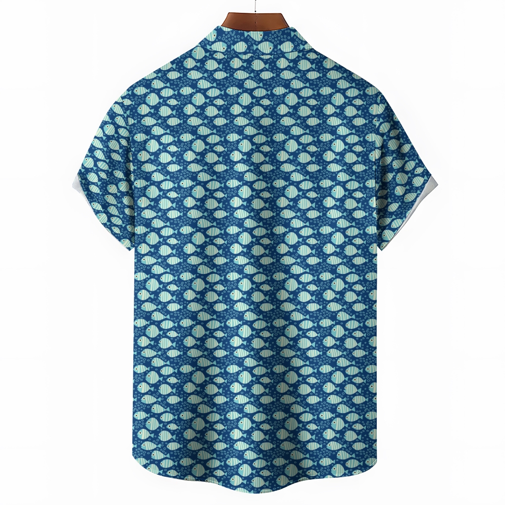 Men's Striped Fish Print Hawaiian Casual Short Sleeve Shirt