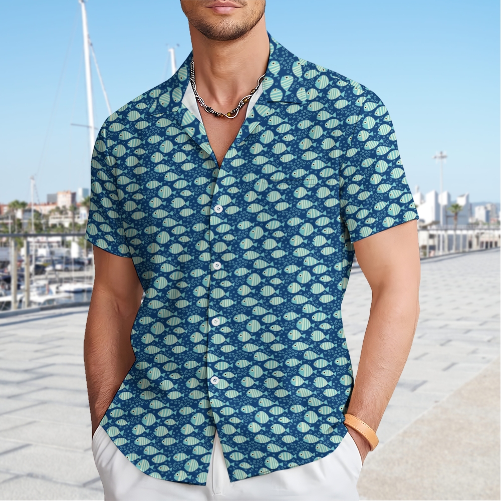 Men's Striped Fish Print Hawaiian Casual Short Sleeve Shirt