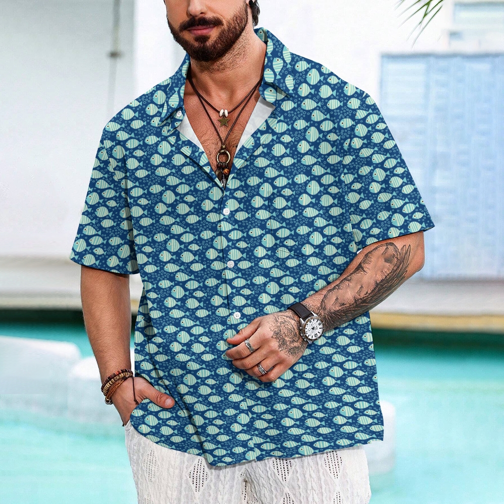 Men's Striped Fish Print Hawaiian Casual Short Sleeve Shirt