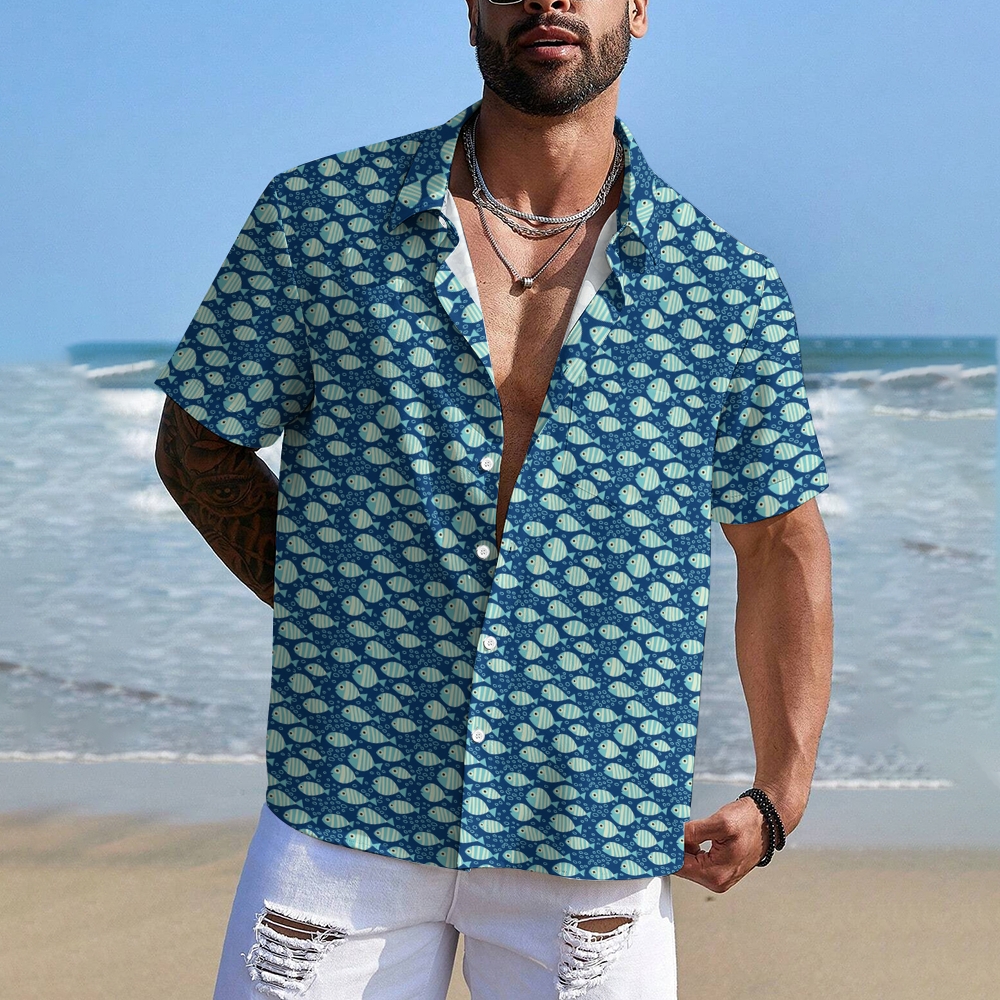 Men's Striped Fish Print Hawaiian Casual Short Sleeve Shirt