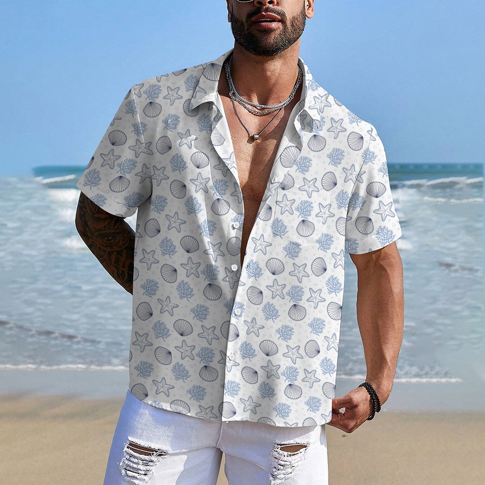Men's Starfish Shell Print Hawaiian Casual Short Sleeve Shirt