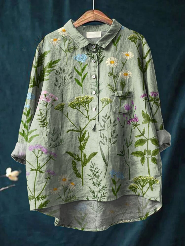 Women's Vintage Lovely Floral Art Print Casual Cotton And Linen Shirt