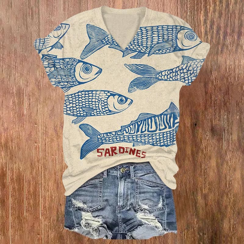 Japanese Style Cute SARDINES Art Print V-neck T-shirt