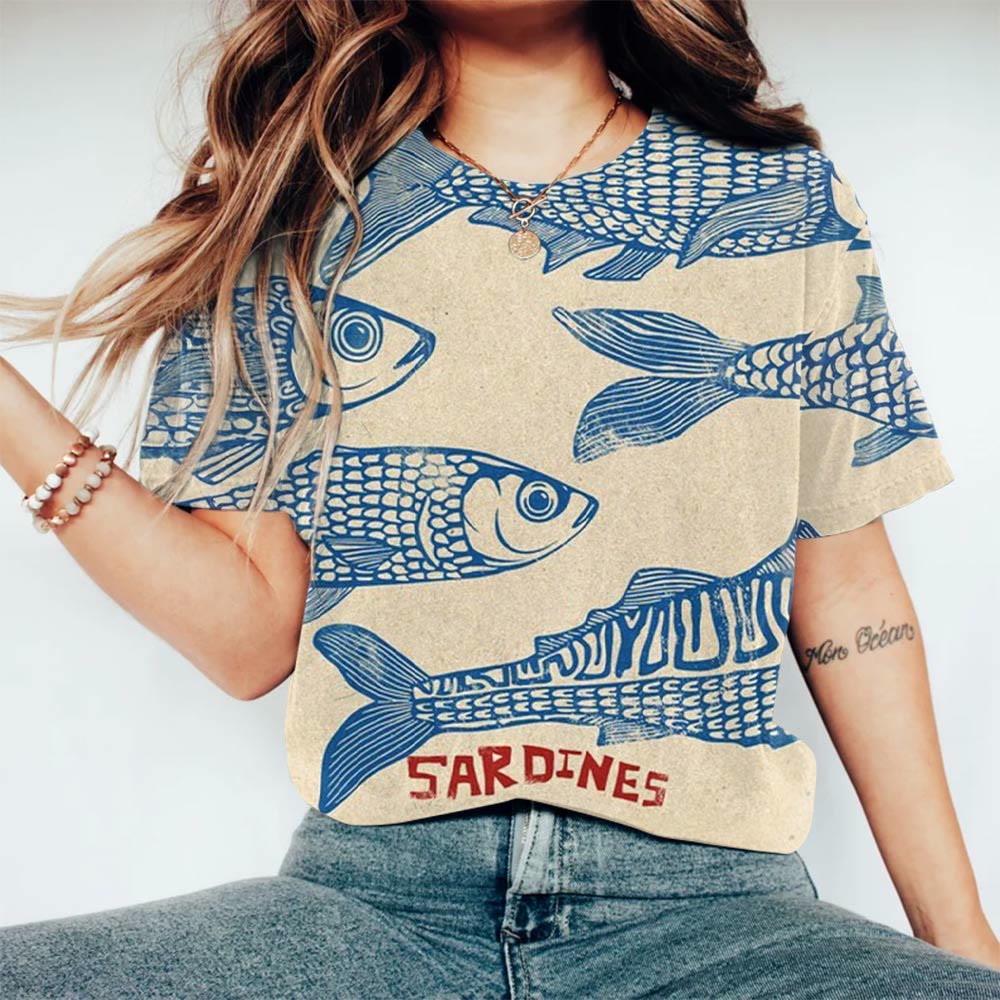 Japanese Style Cute SARDINES Art Print Crew Neck Short-sleeved T-shirt
