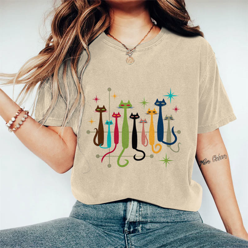 Dashingsoul Cotton Retro Cat Print Women's T-shirt