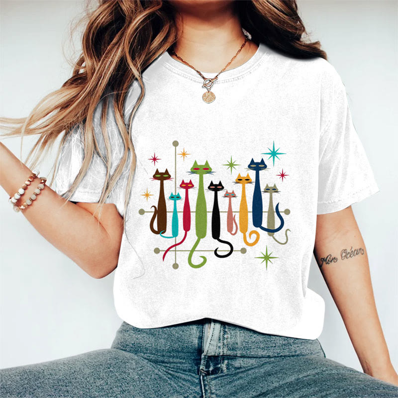 Dashingsoul Cotton Retro Cat Print Women's T-shirt
