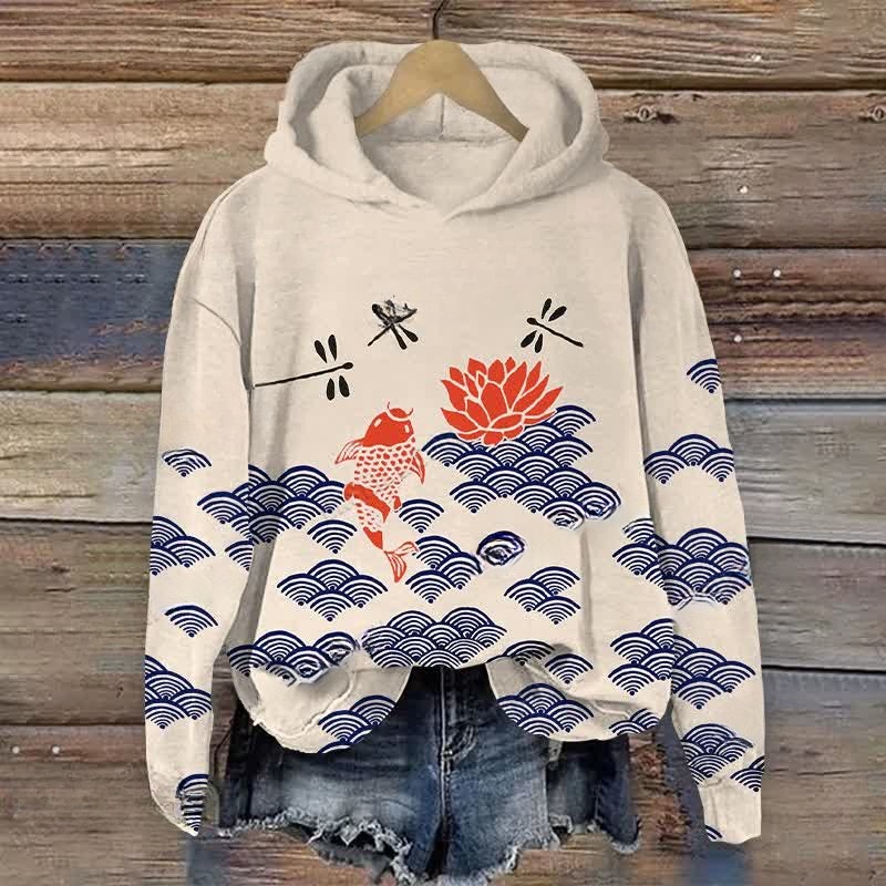 Japanese Style Koi Fish Dragonfly Wave Art Print Casual Long Sleeve Hoodie