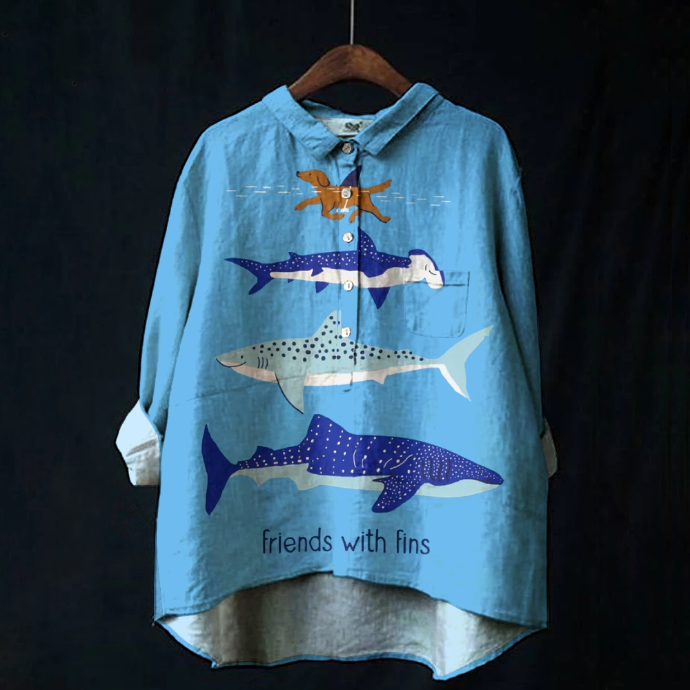 Women's Fish Print Casual Cotton And Linen Shirt