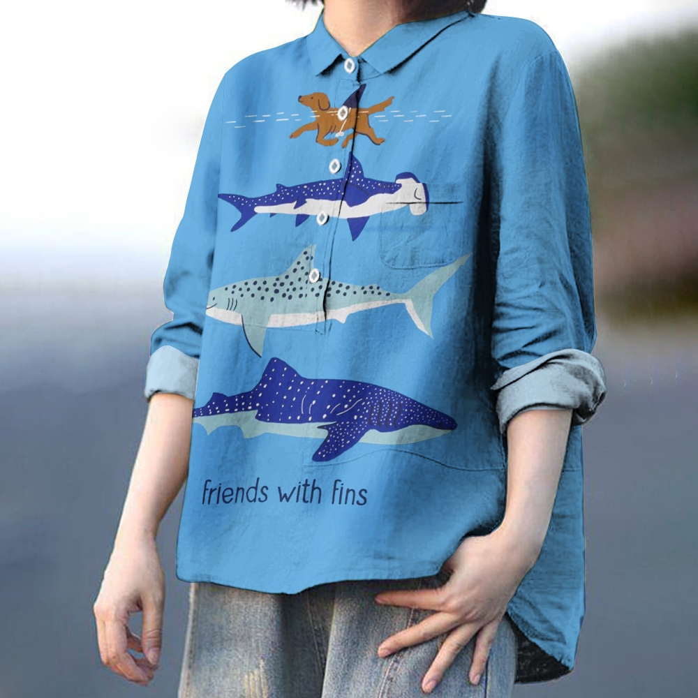 Women's Fish Print Casual Cotton And Linen Shirt
