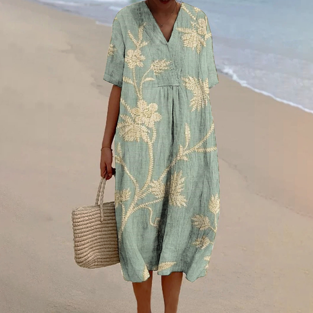 Women's Print Flowy Cotton And Linen Dress 2407002370