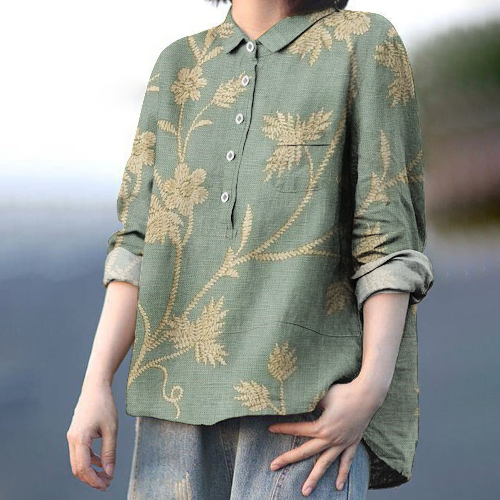 Women's Vintage Flowers Print Casual Cotton And Linen Shirt