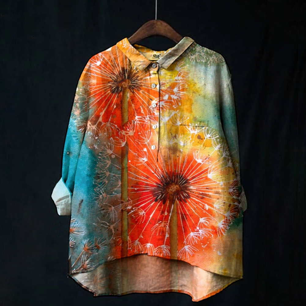 Women's Colorblock Dandelion Print Casual Cotton And Linen Shirt