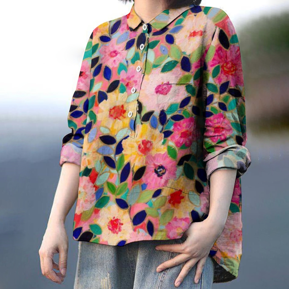 Women's Print Casual Cotton And Linen Shirt 2407002389