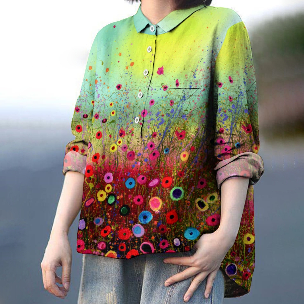 Women's Colorblock Gradient Floral Print Casual Cotton And Linen Shirt