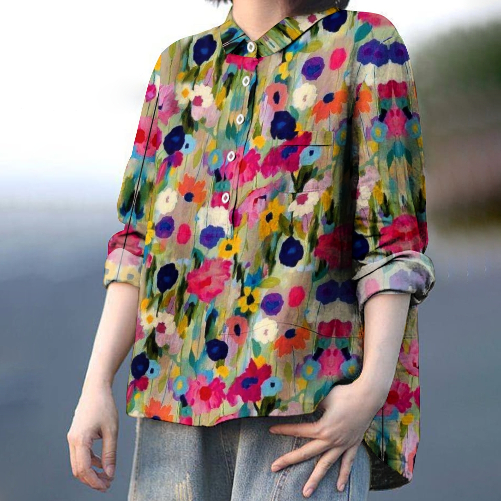 Women's Multi-color Print Casual Cotton And Linen Shirt