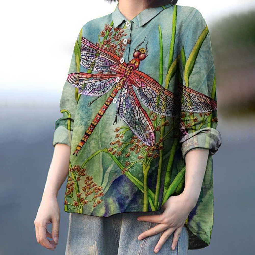 Women's Dragonfly Colorblock Print Casual Cotton And Linen Shirt