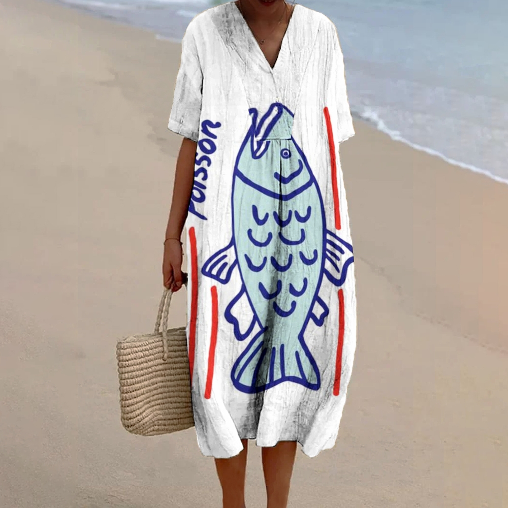 Women's Fish Letter Print Cotton And Linen Dress