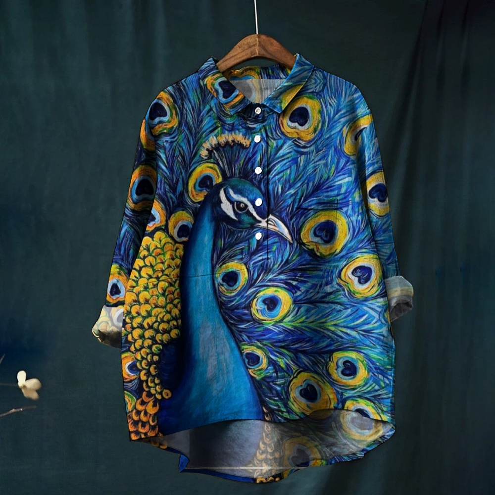 Women's Vintage Peacock Art Print Casual Cotton And Linen Shirt