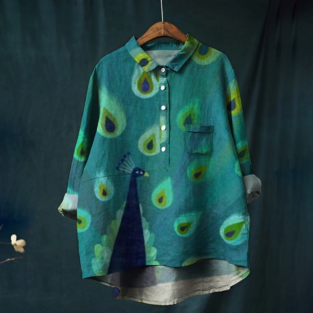 Women's Vintage Peacock Art Print Casual Cotton And Linen Shirt