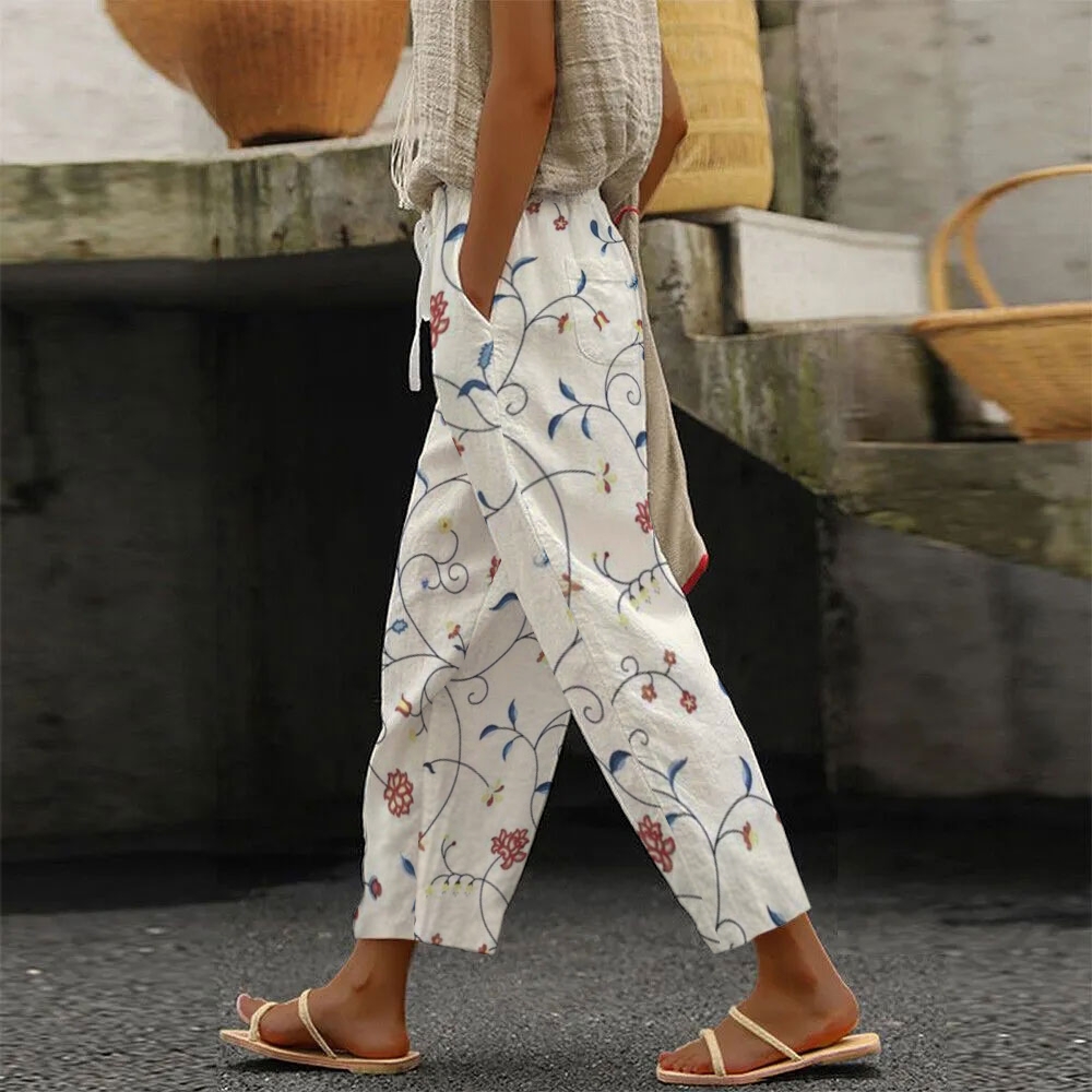 Watercolor Minimalist Spring Floral Pattern Printed Women's Casual Pants