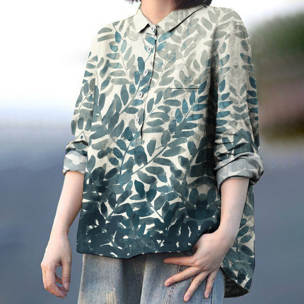 Women's Retro Gradient Leaf Print Casual Cotton And Linen Shirt