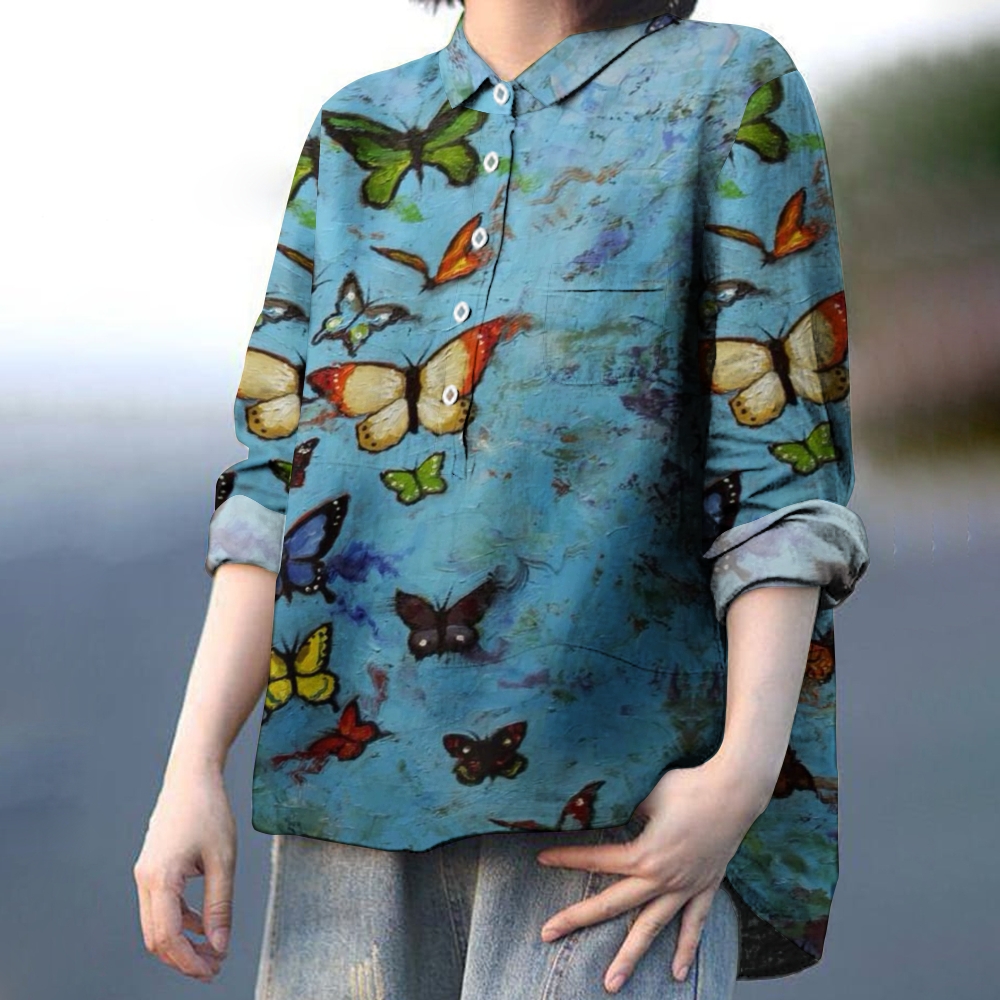 Women's Butterfly Print Casual Cotton And Linen Shirt