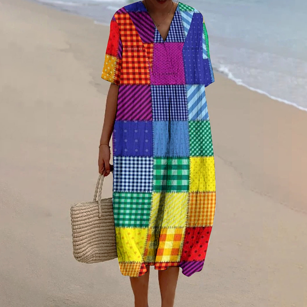 Women's Colorful Plaid Print Cotton And Linen Dress