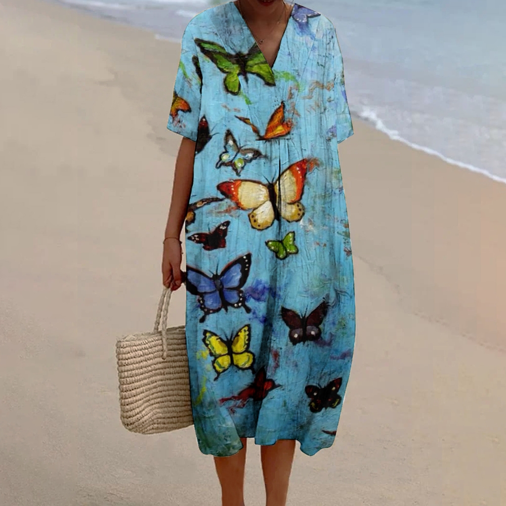 Women's Butterfly Print Flowy Cotton And Linen Dress