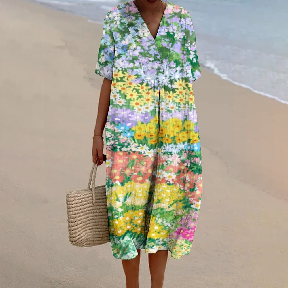Women's Flower Print Flowy Cotton And Linen Dress