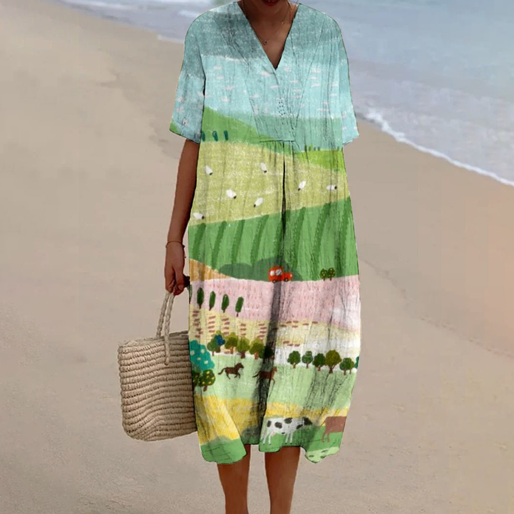 Women's Landscape Print Flowy Cotton And Linen Dress