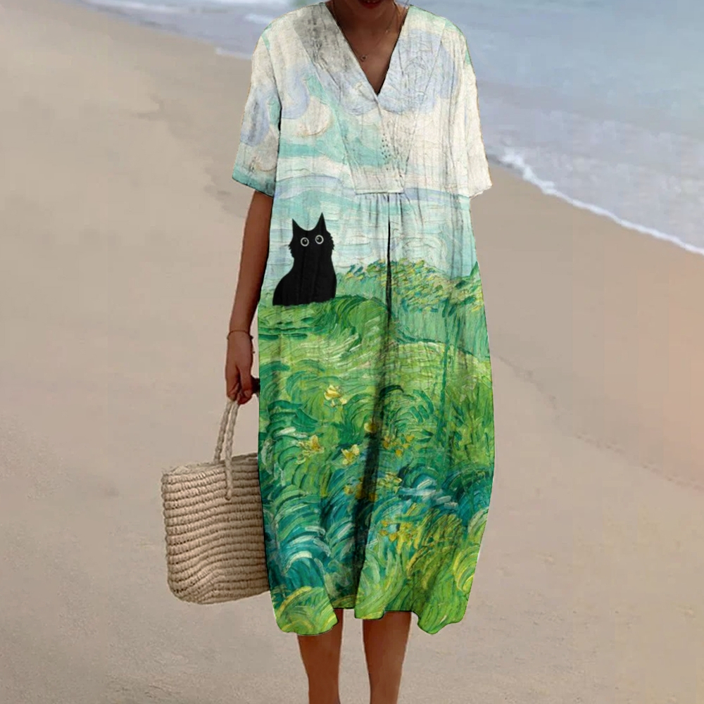 Women's Cat Print Flowy Cotton And Linen Dress