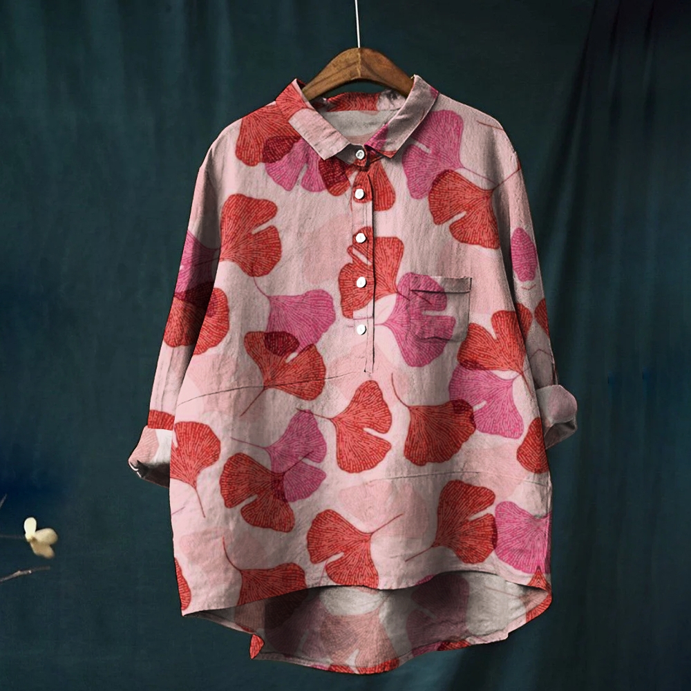 Women's Pink Ginkgo Leaf Art Print Cotton And Linen Shirt