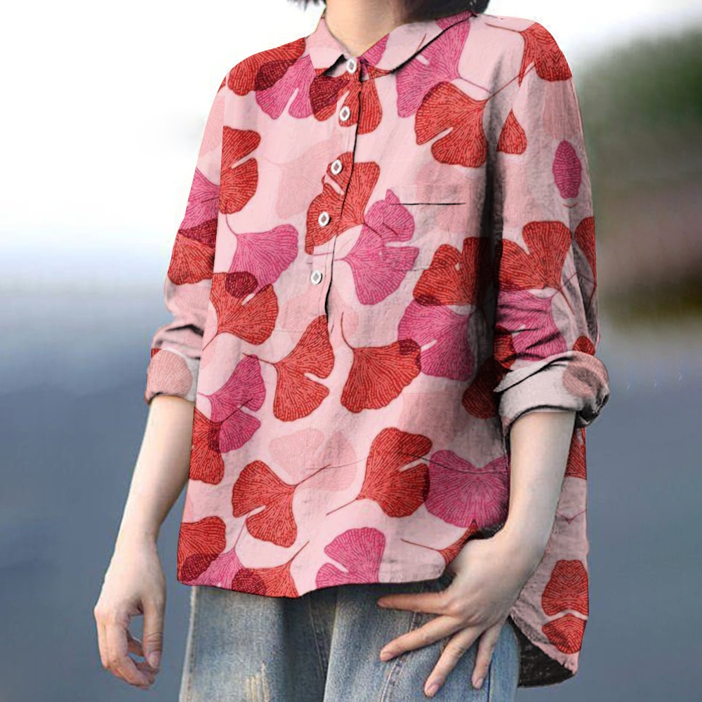 Women's Pink Ginkgo Leaf Art Print Cotton And Linen Shirt