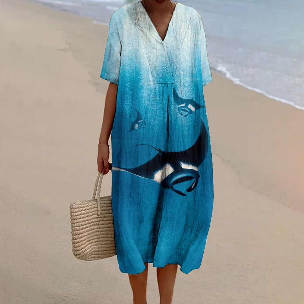 Women's Ocean Manta Ray Print Flowy Cotton And Linen Dress