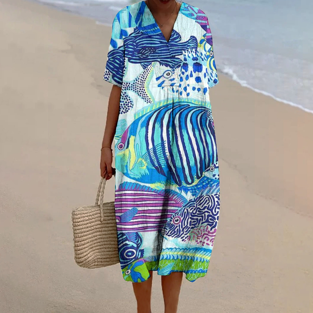 Women's Colorful Fish Print Flowy Cotton And Linen Dress