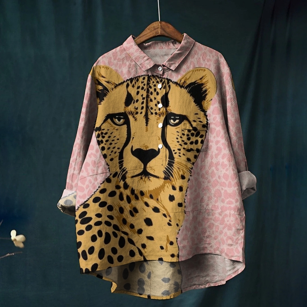 Women's Fashionable Cheetah Print Casual Cotton And Linen Shirt