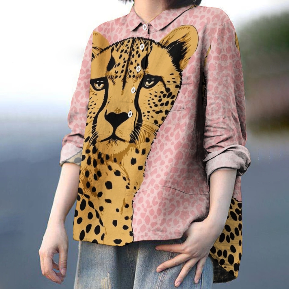 Women's Fashionable Cheetah Print Casual Cotton And Linen Shirt