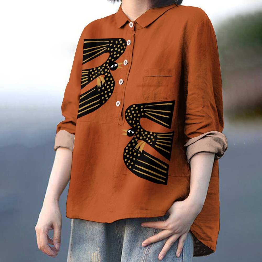 Women's Bird Art Print Casual Cotton And Linen Shirt