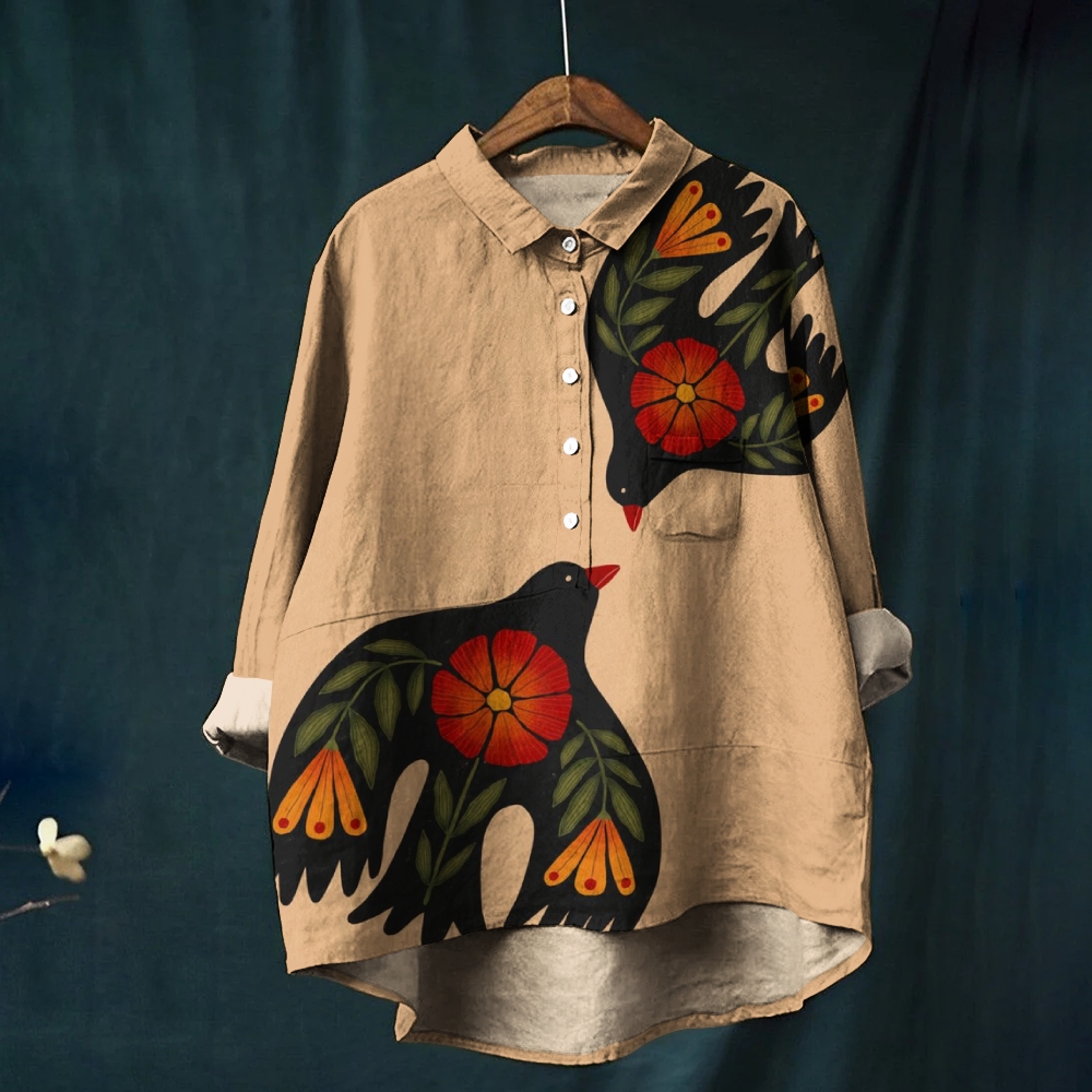 Women's Vintage Bird Print Casual Cotton And Linen Shirt