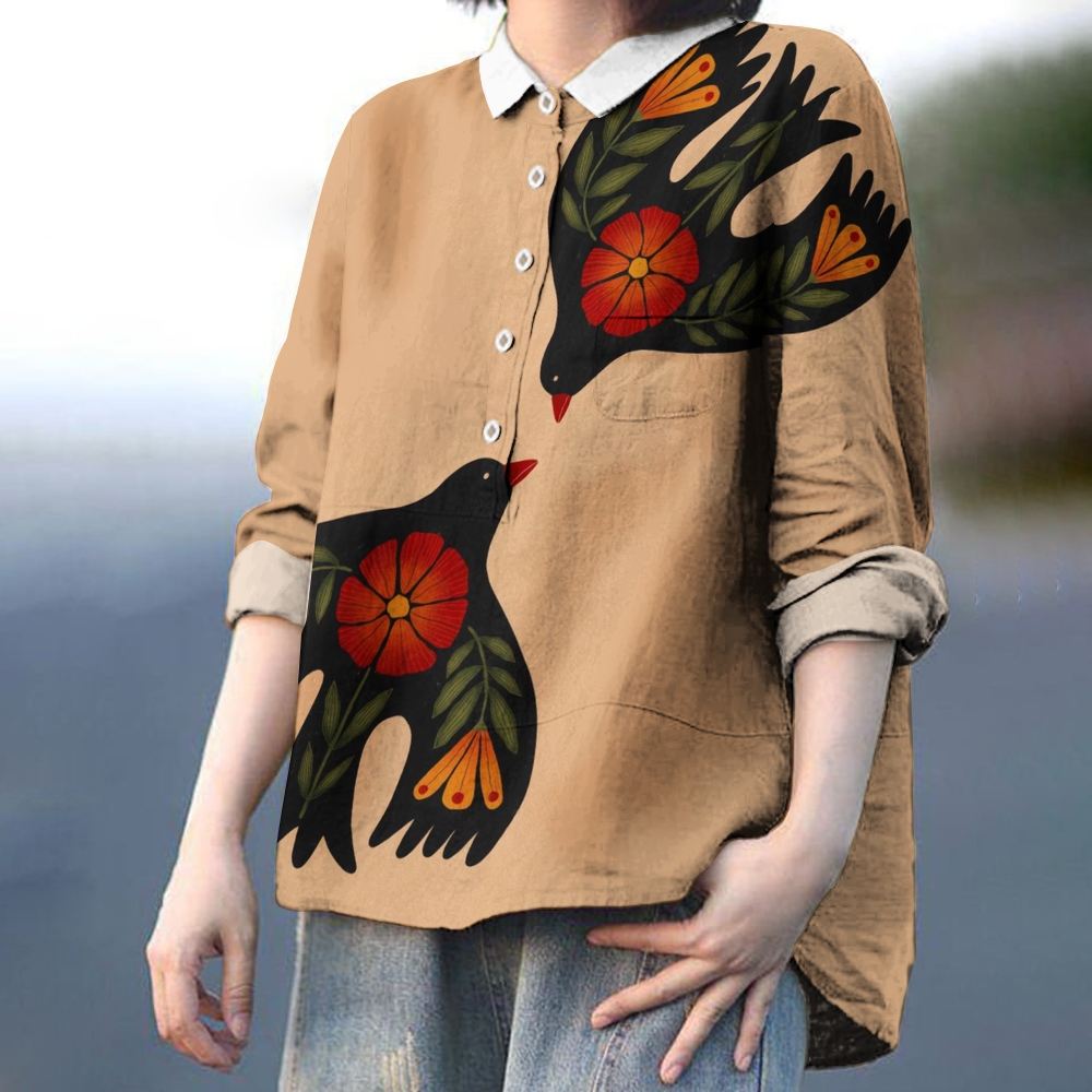 Women's Vintage Bird Print Casual Cotton And Linen Shirt