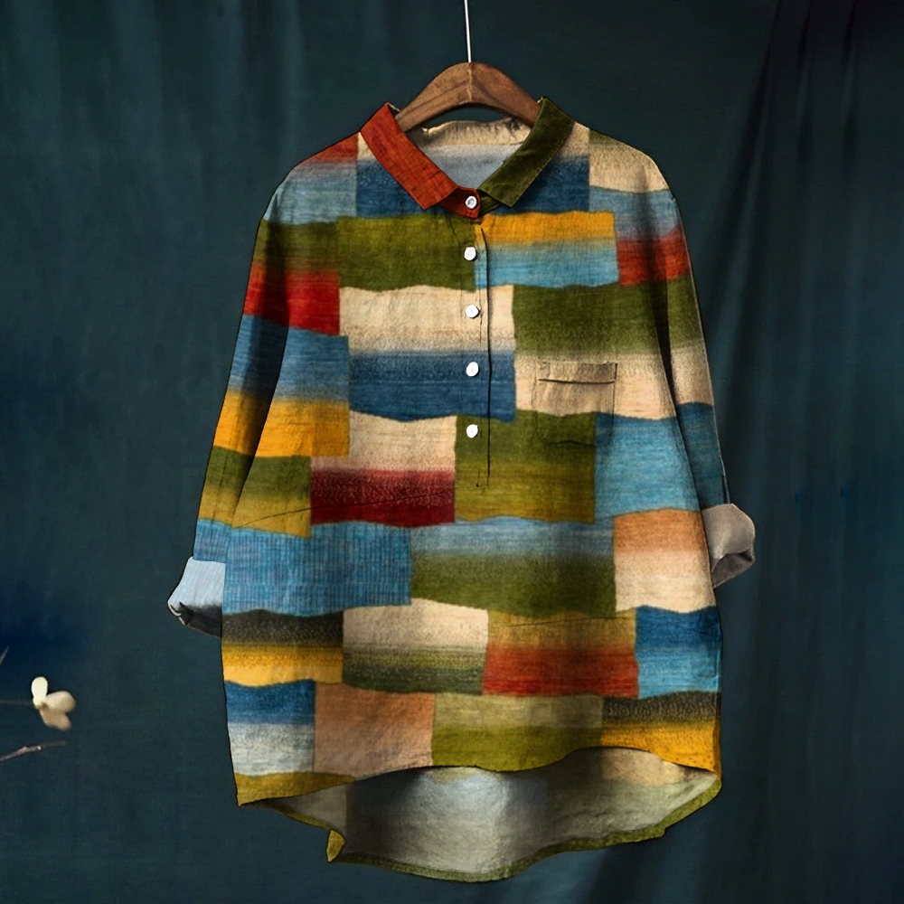 Women's Multicolor Block Print Casual Cotton And Linen Shirt