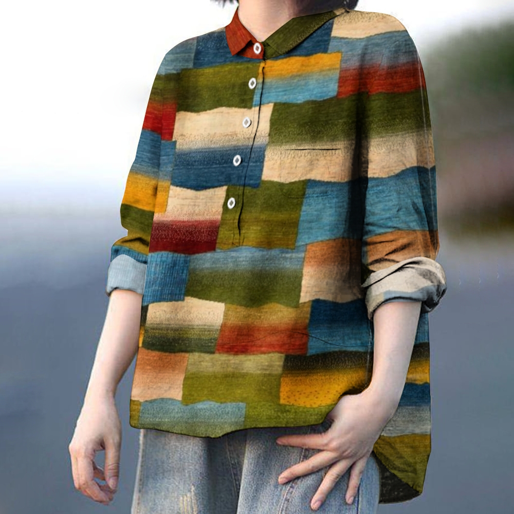 Women's Multicolor Block Print Casual Cotton And Linen Shirt