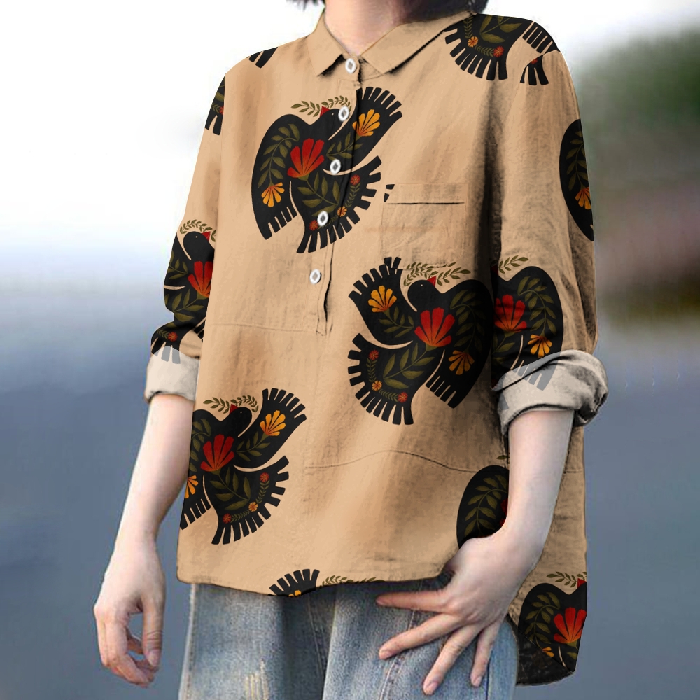Women's Vintage Bird Art Print Casual Cotton And Linen Shirt