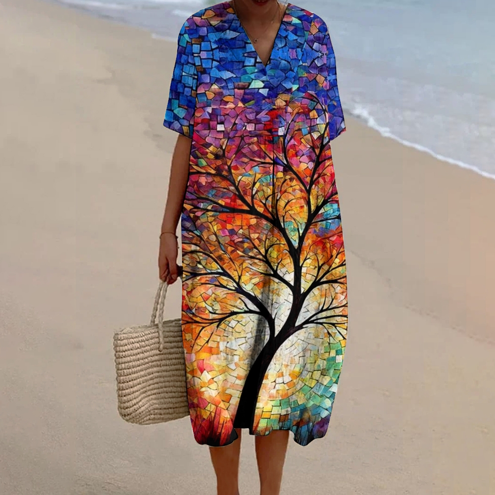 Women's Colorful Abstract Tree Of Life Print Cotton And Linen Dress