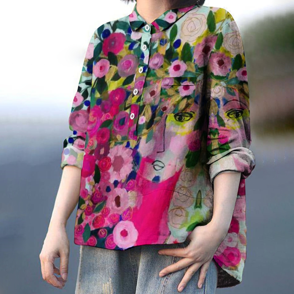 Women's Abstract Print Casual Cotton And Linen Shirt