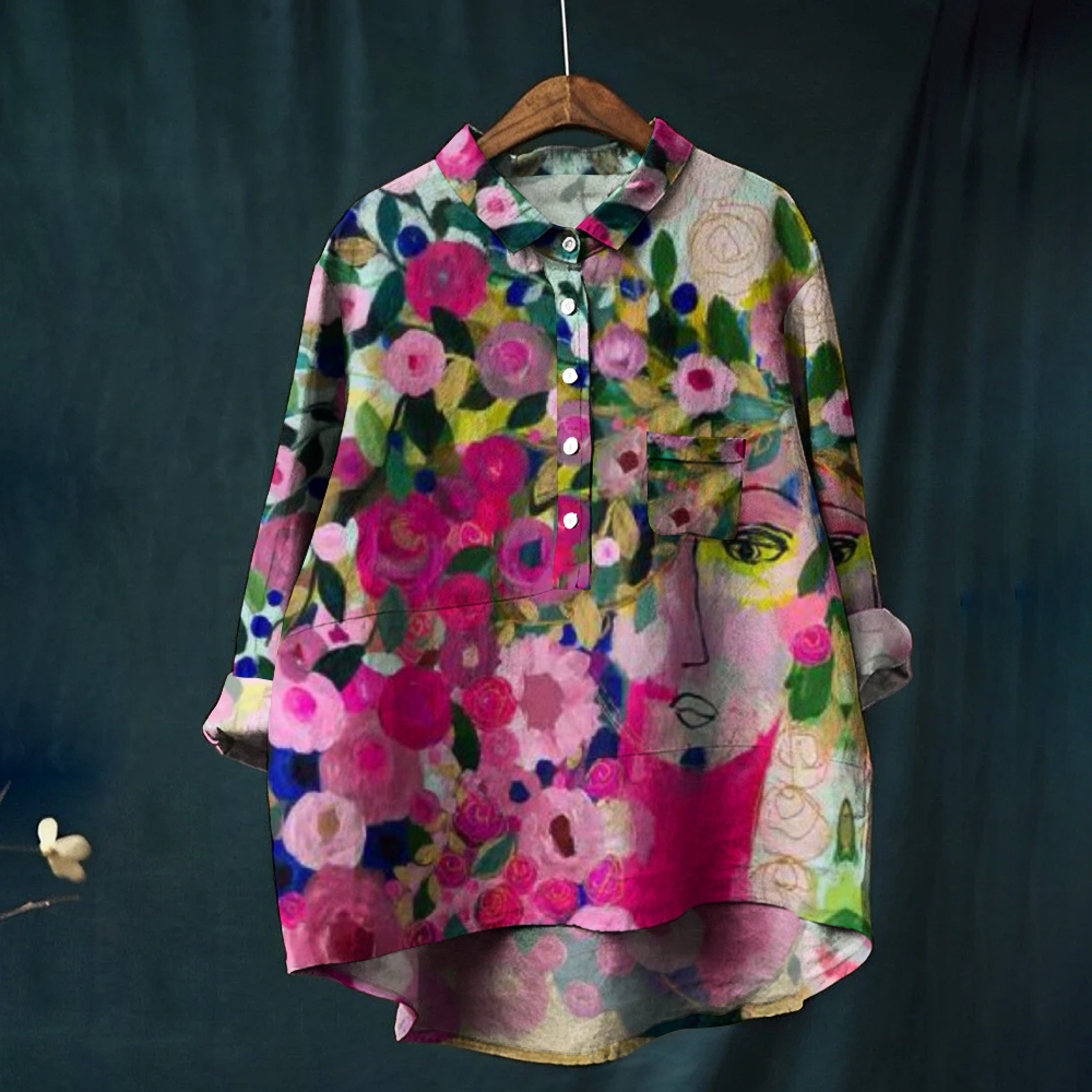 Women's Abstract Print Casual Cotton And Linen Shirt