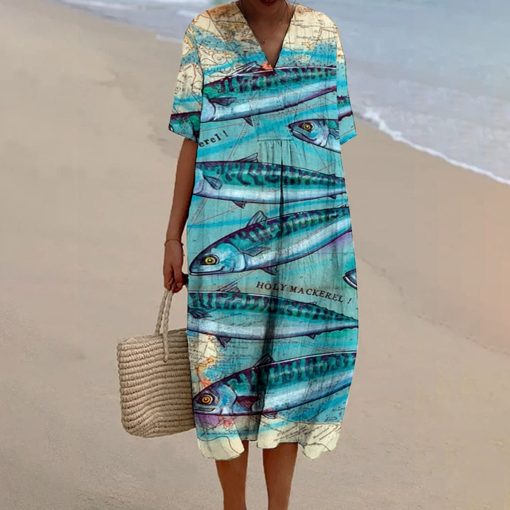 Women's Map Fish Print Flowy Cotton And Linen Dress