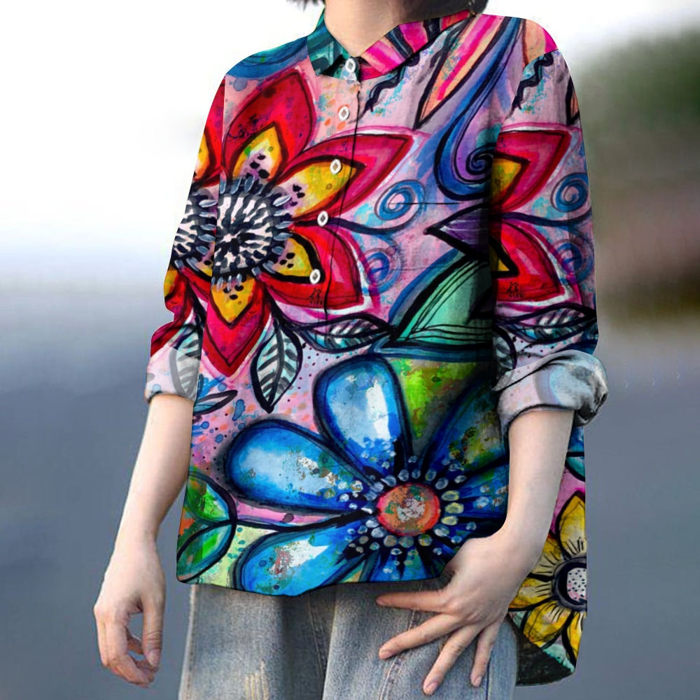 Women's  Artistic Flower Print Casual Linen Shirt