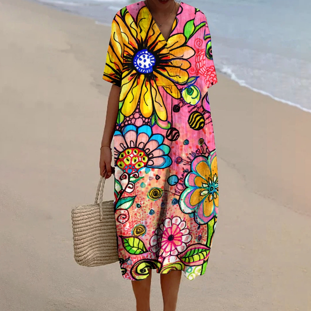 Women's Artistic Flower Print Flowy Linen Dress